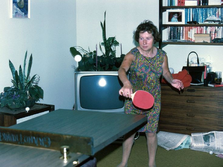 Wendy's Mum playing ping pong on improvised table